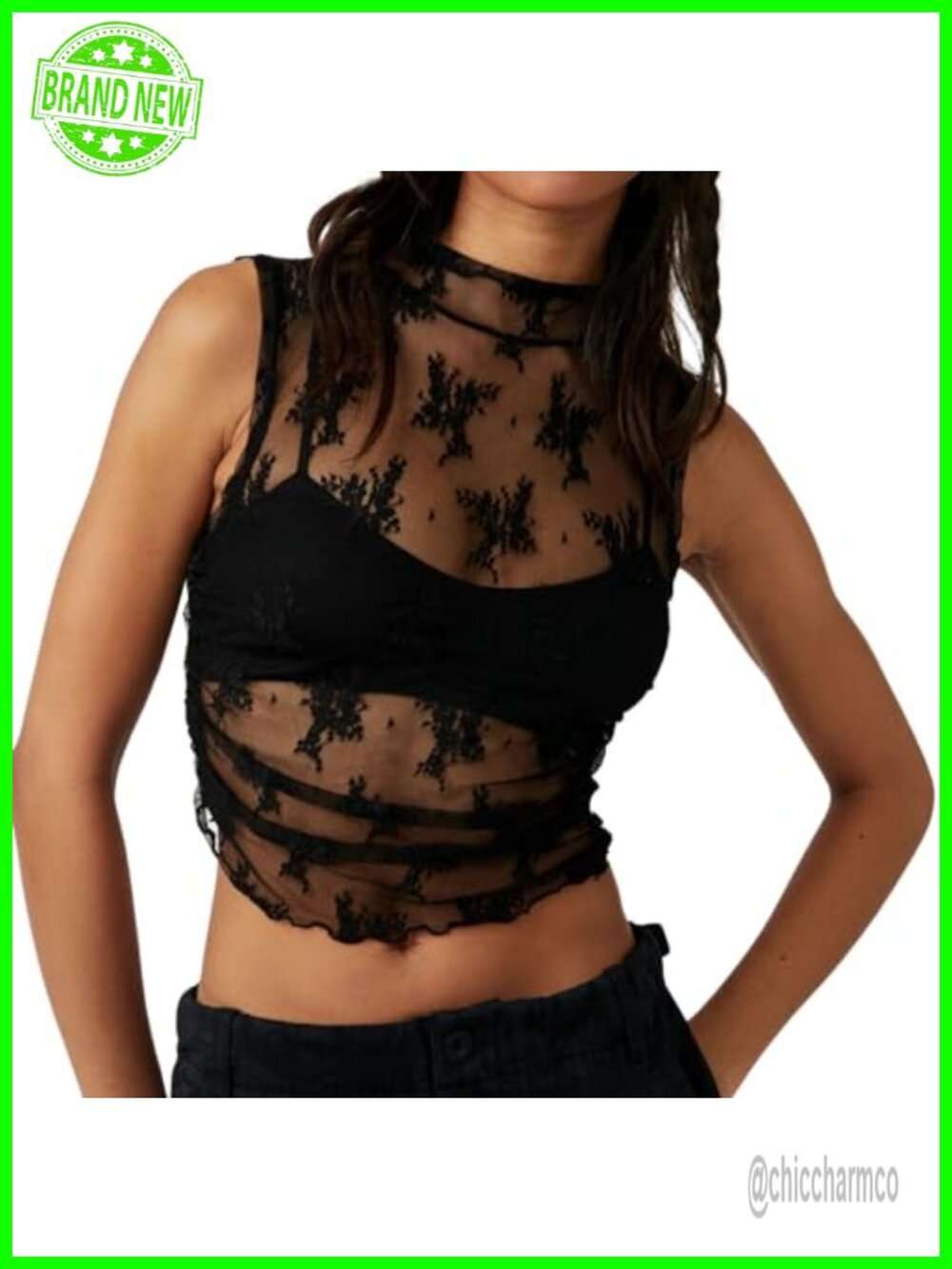 Women Sheer Lace Mesh Crop Top Mock Neck Ruched Slim Fit Floral Cropped Tank